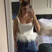 Spring Summer Women's Sleeveless Tops & Tees Short White Feather Top