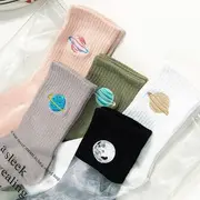 Planet Embroidered Socks Grayish Green - One Size
