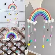 Rainbow Tapestry Clouds Hanging Decoration Handmade Braided Cords Pom-Pom Macrame Woven Felt Balls Wall Hanging Photo Prop for Home Bedroom Kids Room Party Decor (Rainbow)
