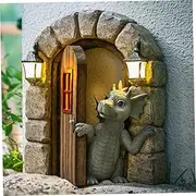 Hemore Dinosaur Fairy Garden Accessories, 6.3inch Resin Open Door Dinosaur Garden Statue, Dinosaur Wall Sculpture, Fairy Door Yard Art Decor for Yard Tree Wall