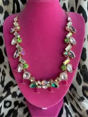 Betsey Johnson Flat Out Floral SPARKLY Pink Shaky Flower Teal Crystal Necklace