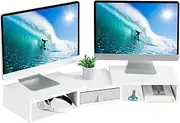 TEAMIX White Dual Monitor Stand Riser with Drawer - Length and Angle Adjustable Double Monitor Riser Corner Desk Shelf Organizer 37 inch Long Monitor Riser for 2 Monitors/Laptop/PC/Screen/TV…