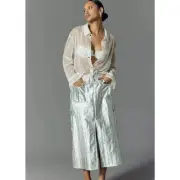 Anthropologie Maxi Skirt Womens L Silver Split Front Elastic Waist Pocket Nylon
