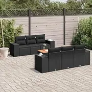 7 Piece Patio Furniture Set with Cushions and Storage, Black Poly Rattan Outdoor Garden Sofa Set for Porch or Balcony, Durable PE Rattan with Acacia Wood Table, Modular Design for Custom