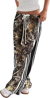 [SAFRISIOR] Womens Hudson Canyon Pants Side Striped Sweatpants Drawstring Waist High Rise Pant Trousers with Pockets, Camo Green, Small
