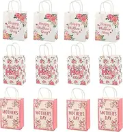 12 Pack Happy Bags Treat Bags with Handle, Floral Mothers Day Gift Wrap Goodie Bags for Mom Grandma Sister Wife Party Supplies