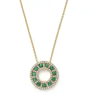 Emerald and Diamond Circle Pendant Necklace in 14K Yellow Gold, 17