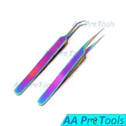 2 Pcs Multi-Color Eyelash Extension Tweezers Pro Straight +A Type Angled