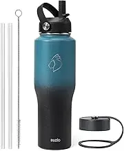 BUZIO Stainless Steel Water Bottle with Straw, Vacuum Insulated (Cold for 48 Hrs, Hot for 24 Hrs), 32oz Tumbler Travel Flask with Straw Lid and Flex Cap, Fit in Any Car Cup Holder