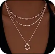 [Poxtex] Chunky Gold Heart Necklace for Women,14k Gold Plated Dainty Layered Small Love Open Heart Pendant Choker Necklace,Stacked Tiny Paperclip Chain Necklace Jewelry Gifts for Women