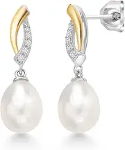 [Gem Stone King] 925 Sterling Silver and 10K Yellow Gold 9X7MM Cultured Freshwater Pearl and Lab Grown Diamond Dangle Earrings For Women, Metal Gemstone, Created Diamond
