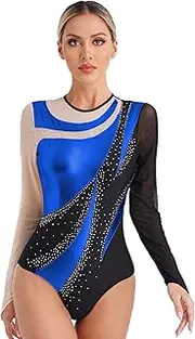 [Hedmy] Women Gymnastics Leotard Long Sleeve Rhinestone Dance Bodysuit Tops Sparkle Ballet Dancewear