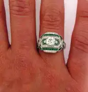 14K White Gold FN 2.50Ct Round Lab Created Diamond & Emerald Art Deco Style Ring