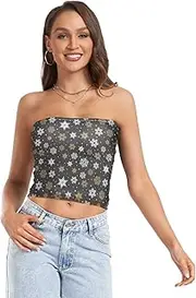 [GuoChe] Womens Tube Tops Merry Christmas Snowflakes with Mesh Cleavage Cover Up Shirt Crop Top for Teen Girls Casual