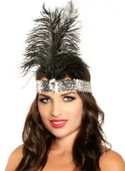 1920s Silver Sequin Flapper Headband with Black Feather