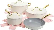 Paris Hilton Iconic Nonstick Pots and Pans Set, Multi-Layer Nonstick Coating, Matching Lids with Gold Handles, Made Without PFOA, Dishwasher Safe Cookware Set, 10-Piece, Cream