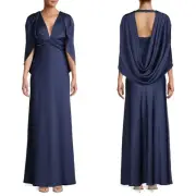 NEW AIDAN MATTOX Navy SATIN Twist Front COWL BACK Draped EVENING DRESS GOWN US 0