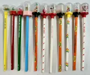 11 Vintage Wood Pencils w/Toppers Unused Water Game Twirlems Snow Globes Taiwan