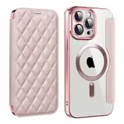 For iPhone 14 Pro Shield Magsafe RFID Anti-theft Rhombus Leather Phone Case - Pink