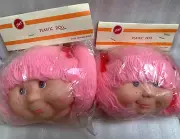 Vintage Zim’s Hard Plastic Doll Heads Pink Yarn Hair Red Ribbons 5” New