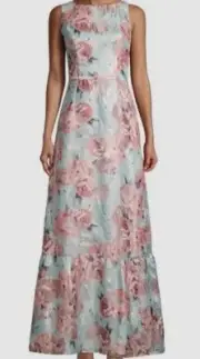 $595 Aidan Mattox Women's Blue Sleeveless Floral-Print Jacquard Dress Size 8