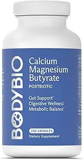 BodyBio Butyrate with Calcium & Magnesium - Supports Healthy Digestion, Gut & Microbiome - Increases Leptin Production for Appetite Control - No Fillers or Additives - 250 Capsules