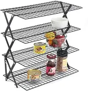 4-Layer Stainless Steel Foldable Cooling Rack, Outdoor Camping Serving Rack, Wire Rack for Baking Sheets and Oven Safe, Folding Hollow Storage Rack for Cookies, Cakes, Grilling, BBQ, Baking, Black.