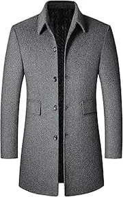 [Gsywaipei] Men's Mid Length Pea Coat Slim Fit Single Breasted Trench Coats Classic Wool Blend Winter Overcoat