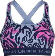 [Under Armour] Women's Crossback Mid Print Sports Bra, Womens, Sports Bra, 1361042-470, Mineral Blue/Mineral Blue/Midnight Navy (470)