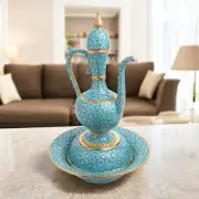 Handmade Ceramic Ewer, Turquoise Floral Decorative Ewer, Decorative Pitcher Set