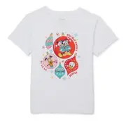 M(7/8) Girl's White Holiday Shirt Disney Motif Mickey & Minnie Donald Pluto S/S