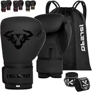 Islero Fitness Matte Black Boxing Gloves Men Punch Bag Women Pink MMA Muay Thai Martial Arts Kick Boxing Sparring Training Fighting Gloves with Hand Wraps