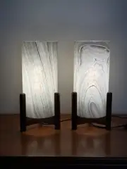 A Pair of Minimalist Danish Modern Style Natural Walnut & Fiberglass Table Lamps
