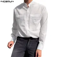 在飛比找蝦皮商城優惠-Incerun 男士韓版純色口袋立領長袖襯衫