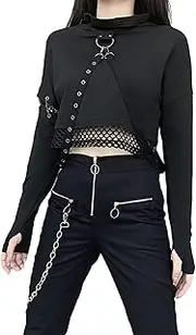 [XKBHYD] Womens Gothic Crop Hoodie Punk Grunge Long Sleeve Tops Alt Mall Goth Sweatshirt Y2K Emo Mesh Shirt
