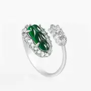 Natural Green Jadeite Tree Leaf Style Gem Crystal Ring Adjustable Certificate