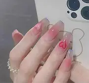 KAVI' S 24pcs French Tip Stick on Nails Coffin Medium Long Press on Nails Nude Gradient Glitter Fake Nails Ballerina Acrylic False Nails Jerry Glue for Women Girls Nail Art (Peach Heart)