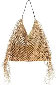 [QTKJ] Beach Bag, Tassels Raffia Bag, Large Capacity Tote Bag, Straw Bag for Women Vacation Travel Daily