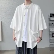 INCERUN Men Cotton Linen Half Sleeve Shirt Solid Color Comfy Loose Fit Casual Stand Collar Top for Men Plus Size Spring