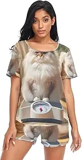 [RPLIFE] Funny Fat Cat Weighing Sleepwear Short Sets for Women, Matching Pajama Set for Women, Funny Fat Cat Weighing, Small