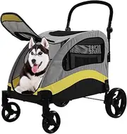 Dog Stroller for Large Dogs, Extra Large Pet Stroller, Dog Stroller for 2 Medium Dogs, Foldable Design Adjustable Handle, with Pocket, Up to 132lbs, Cart Travel Trolley Outdoor, Gray-yellow