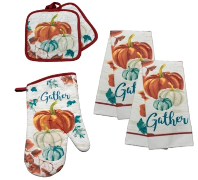Fall Thanksgiving Gather Pumpkin Kitchen Oven Mitt, Towels, Pot Holder~Set of 5
