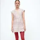 Zara Tweed Mini A-Line Dress Plunge Neck Ruffle Hem Cap Sleeve Pink White Medium