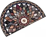 Decorative Half-Circle Mosaic Glass Floor Mat, 50 x80cm, Green Leaf Pattern, Non-Slip Entrance Doormat (Black and White)