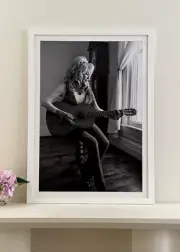 Framed Dolly Parton Guitar Portrait 64x90cm | Black & White Print | White Frame
