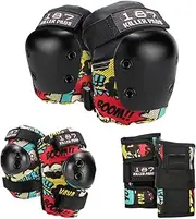 187 Killer Pads Skateboarding Knee Pads, Elbow Pads, and Wrist Guards, Six Pack Pad Set, Comic, Junior