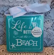 NEW SET OF 12 PAPERBOARD COASTERS "LIFE IS BETTER AT THE BEACH" 3.5" x 3.5"
