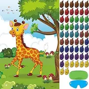 Pin The Tail on The Giraffe Game Birthday Party Games for Kids 4-8 Safari Jungle Party Supplies Wild Animal Classroom Party Decorations, Large Pin The Tail Game Poster with 56 Tail Stickers