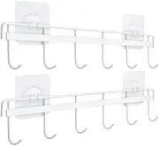 MEZOKUCEL Kitchen Utensil Rack Wall Mount, 6 Hooks Hanger No Drilling, Space-Saving Self-Adhesive Wall Hooks for Kitchen, Bathroom, Camper (White, 2 Pcs)