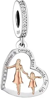 [Mon & Sons] Mother & Daughter Best Friends For Life Love You Heart Charm Bead Pendant 925 Sterling Silver Dangle Compatible With Pandora Charm Bracelet, Metal